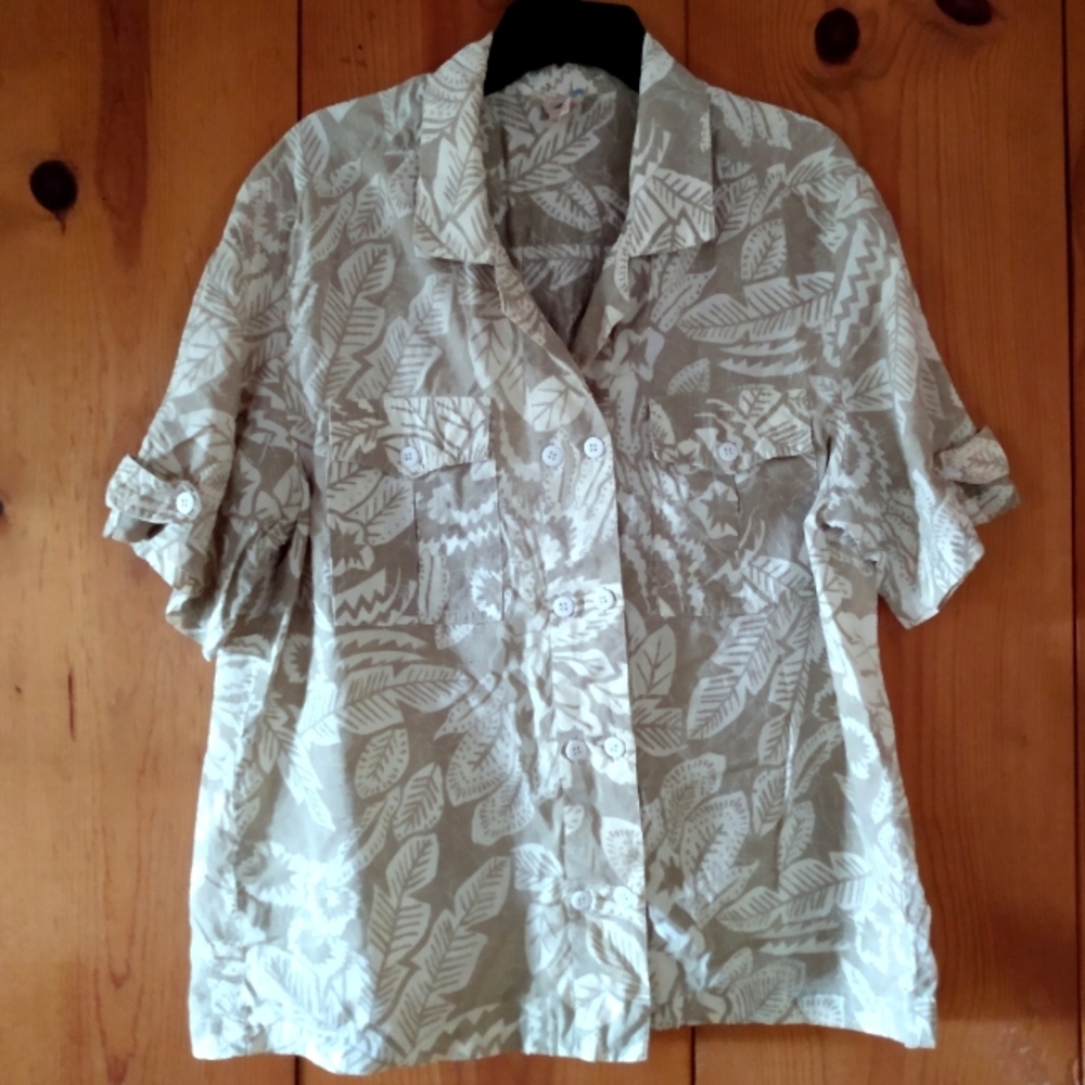 Vintage Adini New York Woven Leaf Motif Button Down Safari Shirt